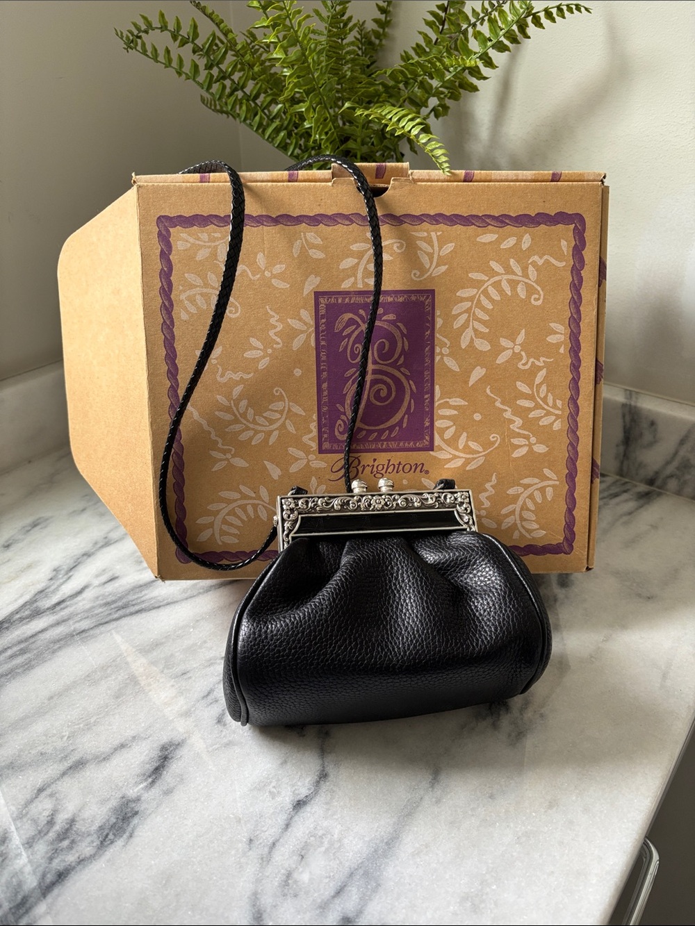 Brighton Black Pebbled Leather Mini Frame Bag with Silver-Tone Clasp